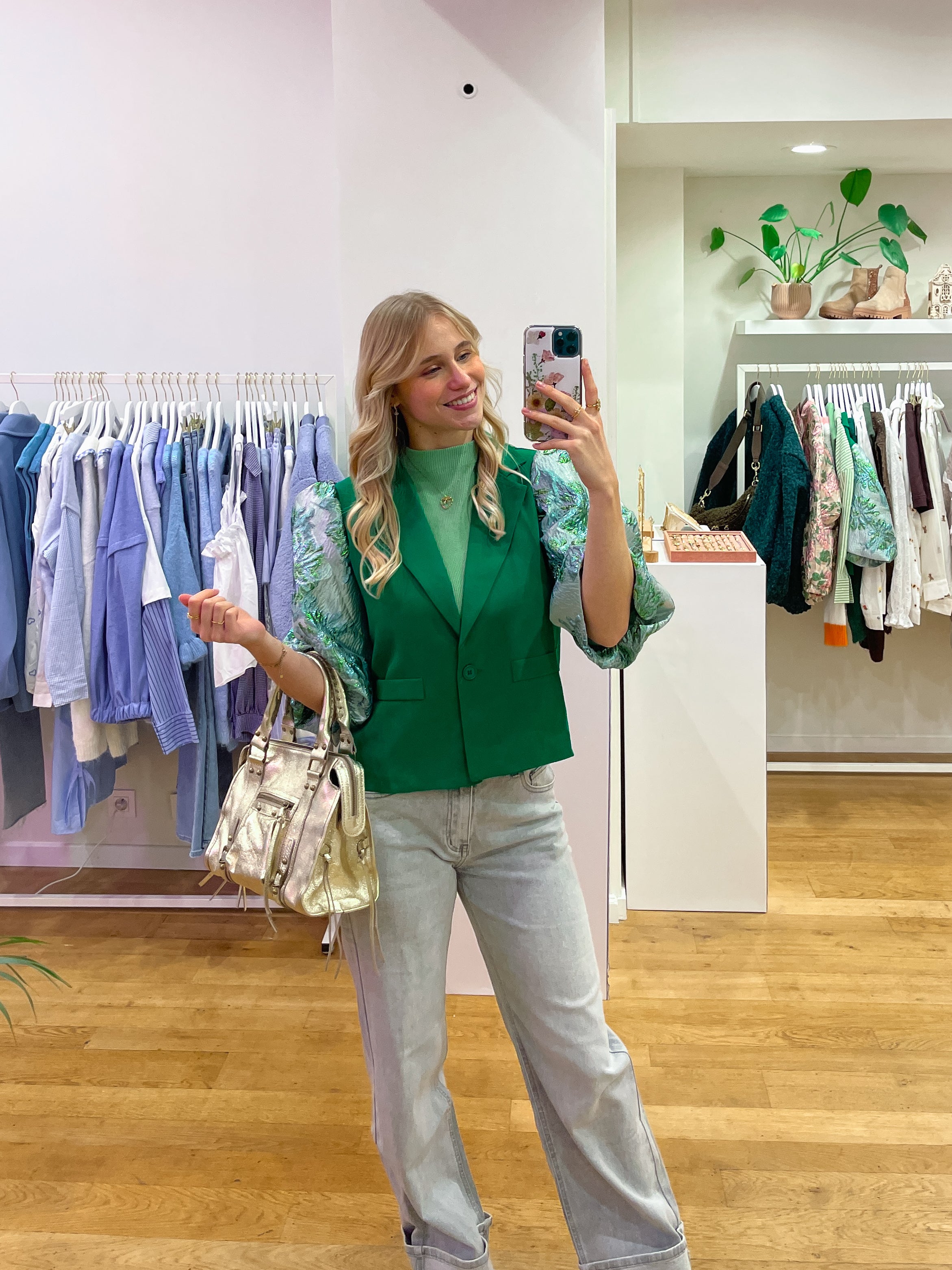 Cropped blazer flower sleeve green