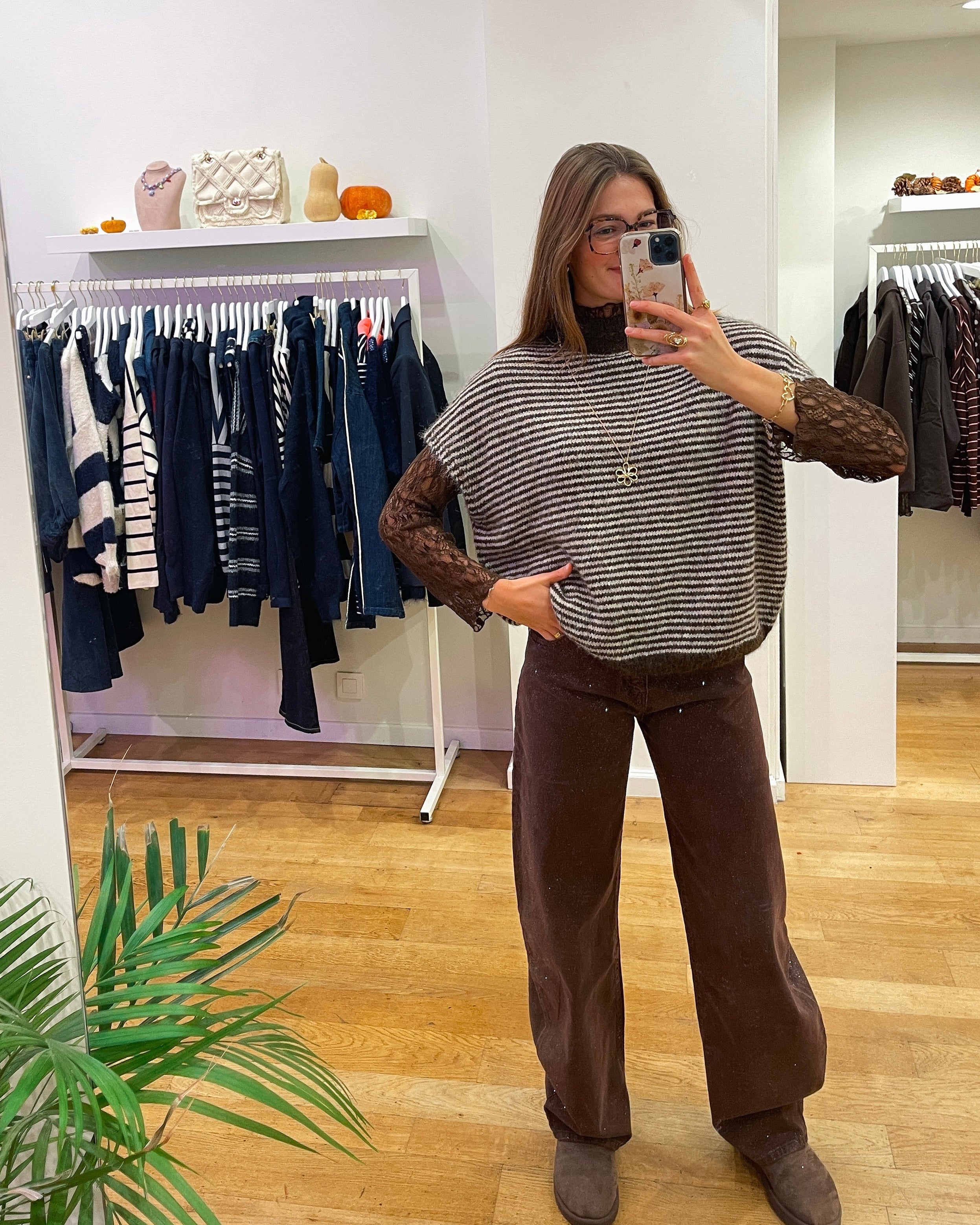 Lace + striped debardeur brown