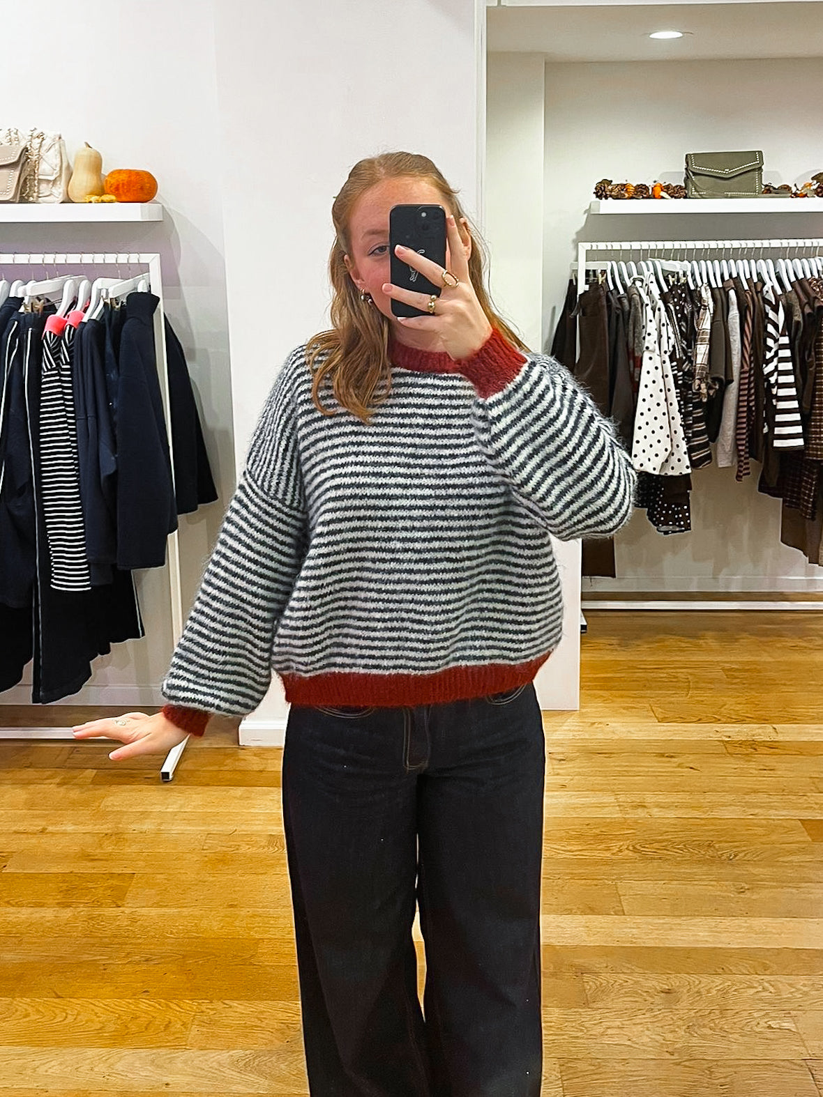 Navy + bordeaux striped sweat