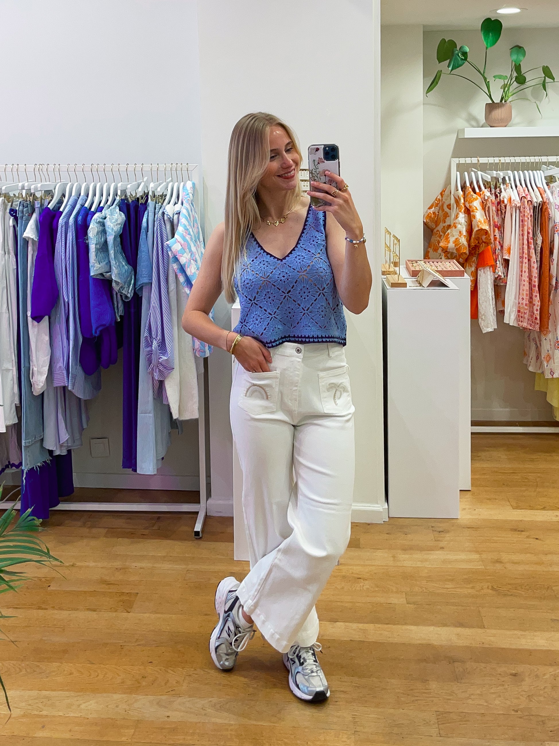 White rainbow & palmtree pants