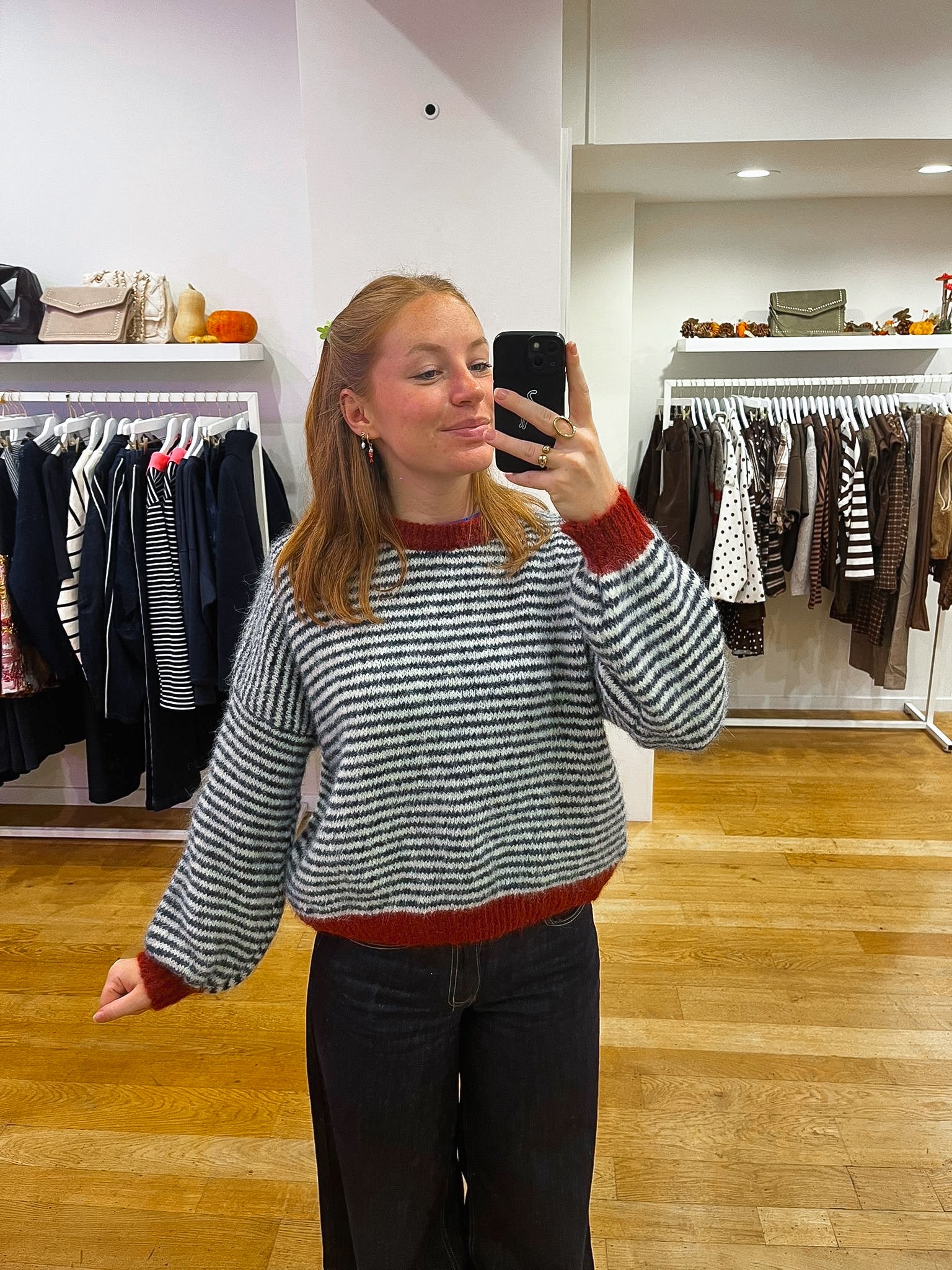 Navy + bordeaux striped sweat