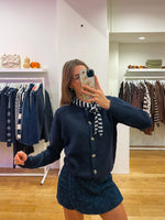 Button cardigan + striped scarf navy